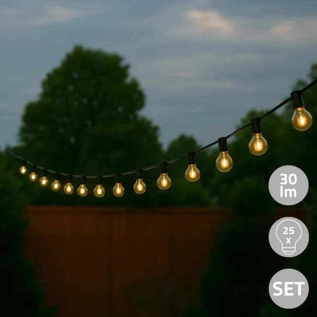 RexTech Solar lichtsnoer buiten 'Chain 25' - 25 filamentlampen - Met schemersensor - IP44 - Warm wit licht (2700K) - 30 lumen per lamp - 7,3 meter - Zwart - Tuinverlichting op zonne-energie