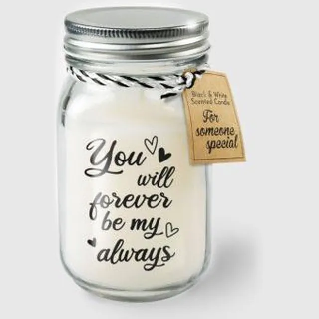 Zusenzow.com Kaars - You will forever be my always - Lichte vanille geur - In glazen pot - In cadeauverpakking met gekleurd lint zwart -wit