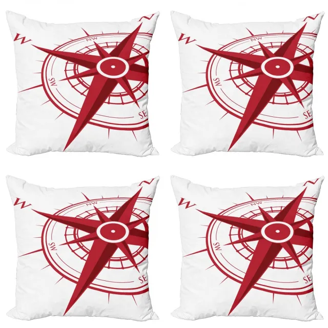 ABAKUHAUS Kompas Kussenhoezen Set – 4x 40x40 cm – Dubbelzijdig Digitaal Druk – Vermiljoen Robijn/Wit Vermilion Ruby