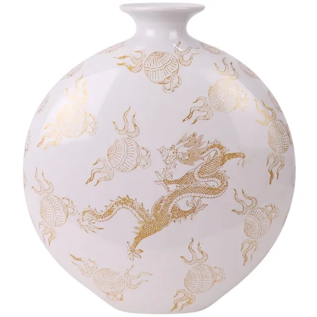 Fine Asianliving Chinese Vaas Porselein Wit Draak Handgeschilderd B32xD12xH34cm Wit, Goud