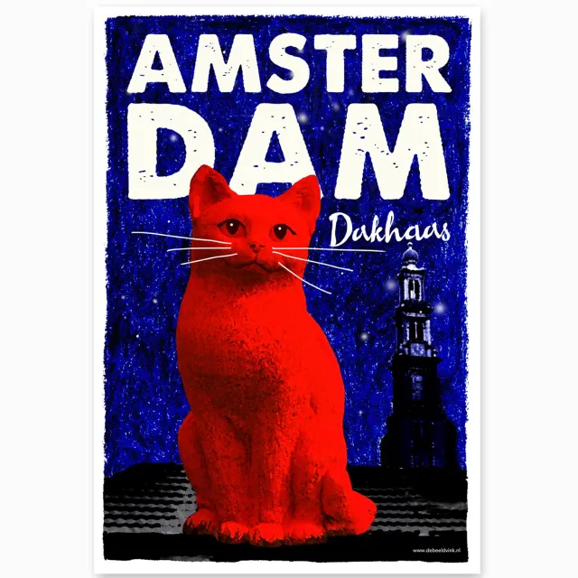 de Beeldvink Amsterdam Poster Dakhaas – A3 – Amsterdamse Wanddecoratie Blauw, rood, wit, zwart