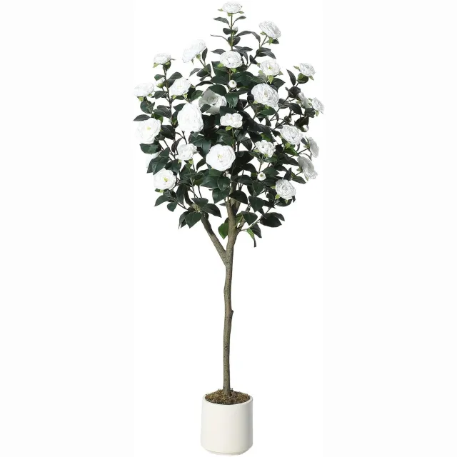 Triumpunpre Kunstcamelia 150 cm Wit, Bloeiende Kunstplant op Stam voor Woonkamer en Kantoor