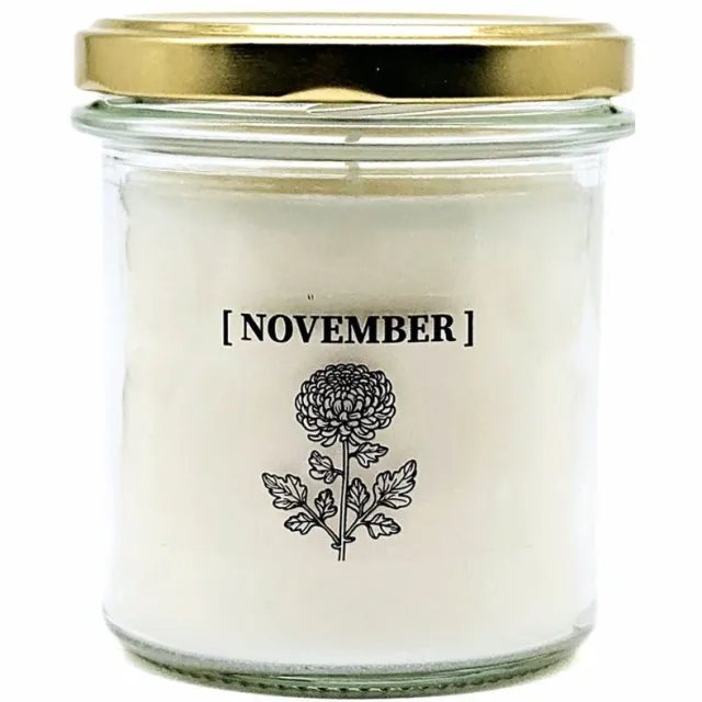 Candlelight-on geurkaars met geboortebloem en geboortedatum - 12 november - o.b.v. sojawas en etherische oliën Wit