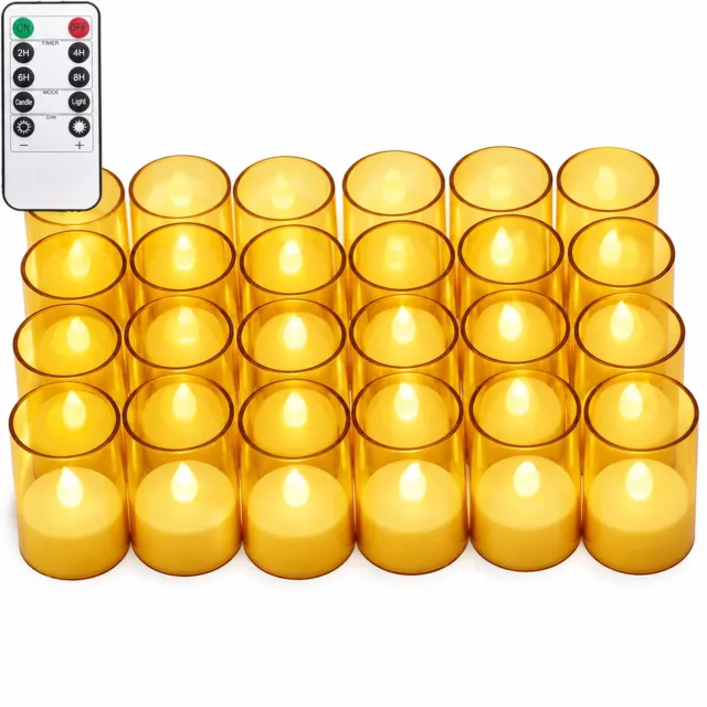 SWGOTA led kaarsen - 24 gouden theelichtjes in cilindervormige cups, met afstandsbediening, vlamvorm en warme lichtuitstraling, per doos