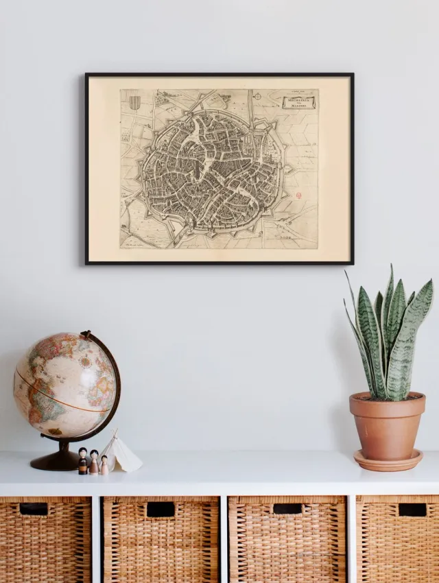 Esque Poster In Zwarte Lijst - Historische Oude Kaart Mechelen - Stadsplattegrond 1652 - 50x70 cm