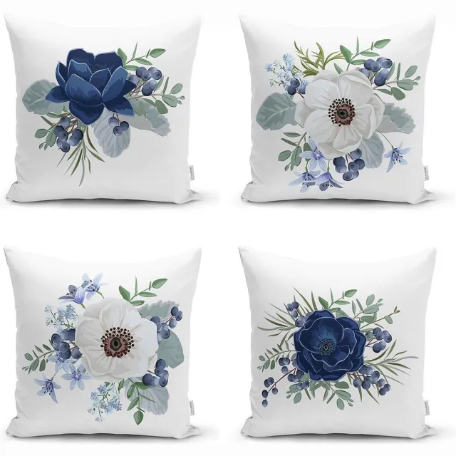 Zethome Vierkantjes Kussenhoes - Kussenhoesjes Bloemen - 43 x 43 cm - Dubbelzijdig Bedrukt – Soft Touch – Blauw Witte - Kussens Woonkamer - 4 stuk