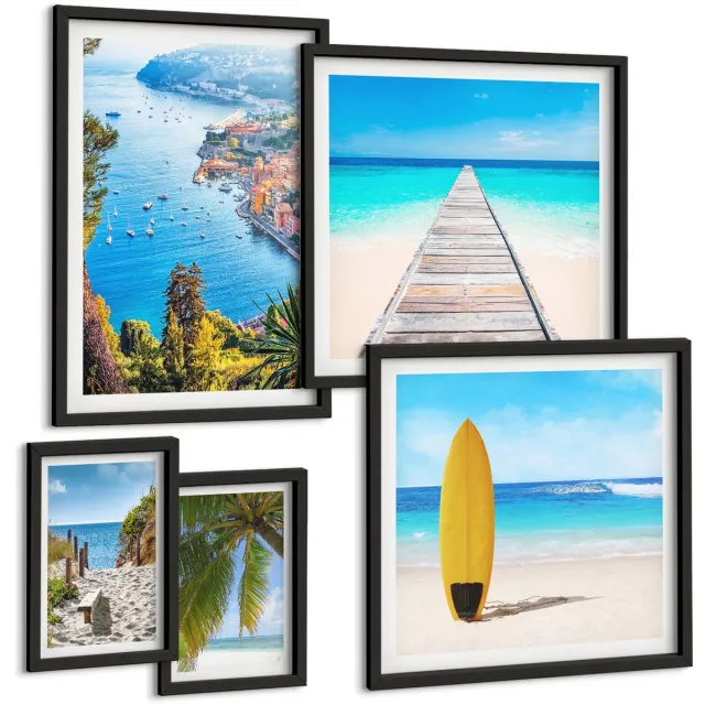 Coloray 5-Delige Schilderij Set - Kustlandschappen Met Stranden En Turquoise Wateren - 50 x 50 cm, 20 x 30 cm En 40 x 60 cm - Muurdecoratie - Wanddecoratie - Hal - Moderne Wanddecoratie Zwarte lijst
