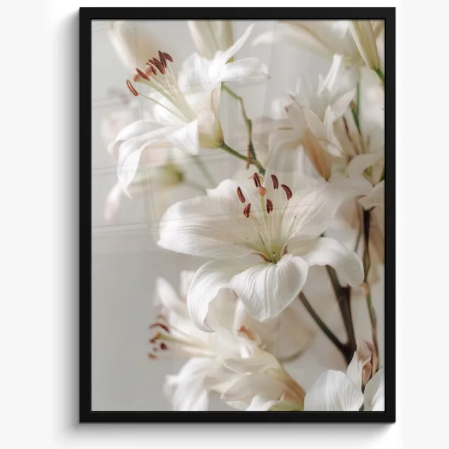 FrameYourWall Poster in lijst - Fotolijst 50x70 cm - Posters - Lelies - Boekte - Wit - Meeldraden - Posterlijst zwart - Decoratie - Wanddecoratie woonkamer - Muurdecoratie slaapkamer Lelies - Meeldraden