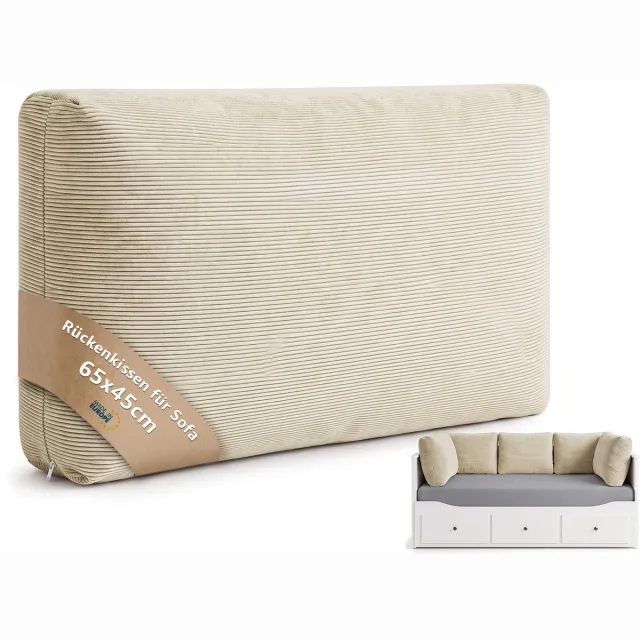Torvello Rugkussen bank met vulling en afneembare hoes 65 x 45 cm – bankkussen voor bedbank slaapbank & muur – hoofdbord kussen rechthoekig stevig vormvast wasbaar zithoek woonkamer Beige Corduroy