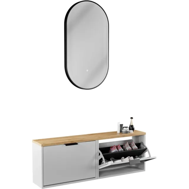 Planetmöbel STIVIO - Schoenenkastset 60 cm - Wit grijs - 3-delig - Met ovale LED-spiegel