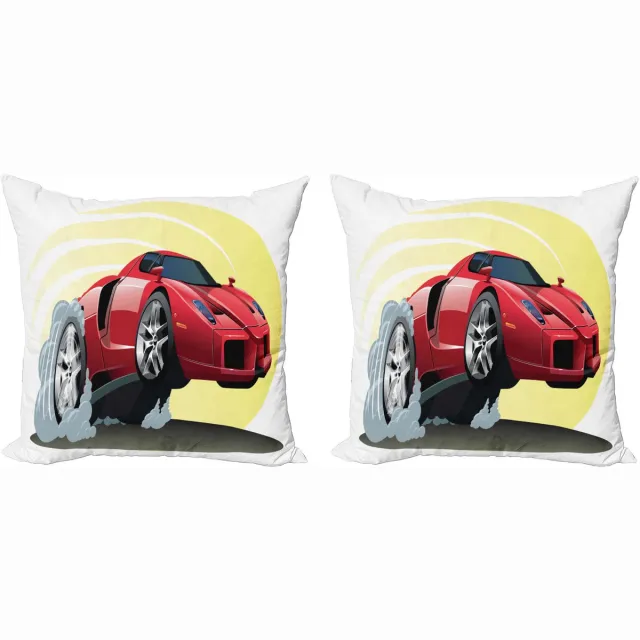 ABAKUHAUS Decoratieve kussenhoezen met automotief, 2 stuks, cartoonvoertuig, stoer, 40x40 cm, geel, grijs, rood