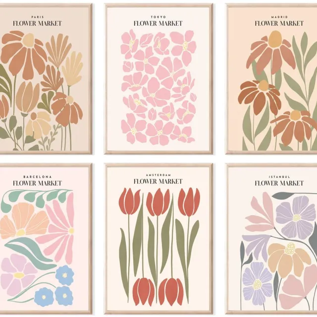 Unyqoos Bloemenmarkt Esthetische Vintage Posterset van 6 Stuks voor Woon- en Slaapkamerdecoratie roze