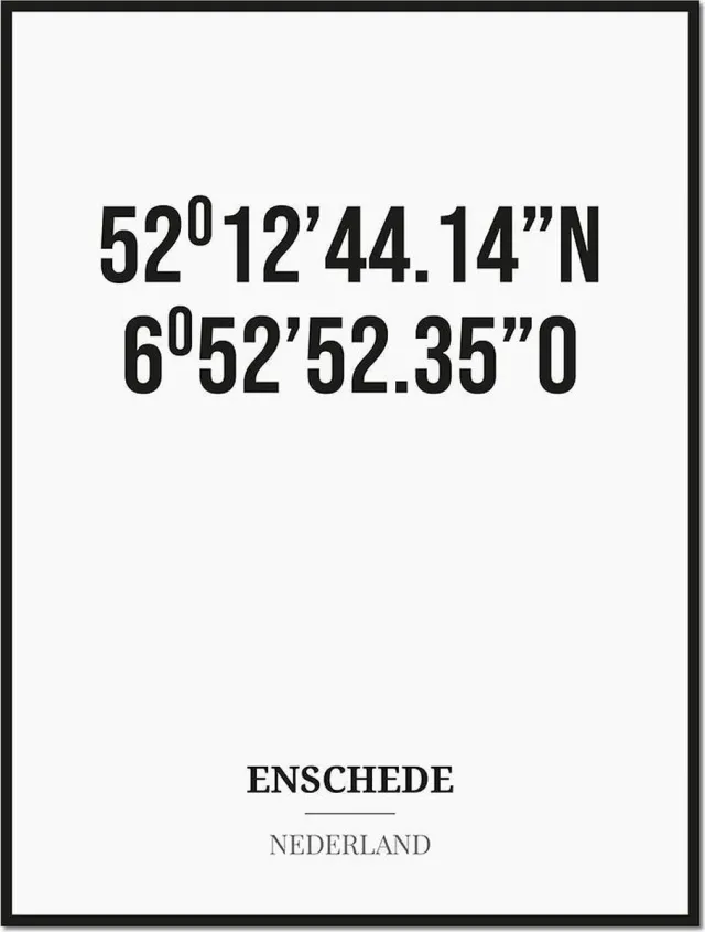 Studio216 Poster/kaart ENSCHEDE met coördinaten zwart, wit