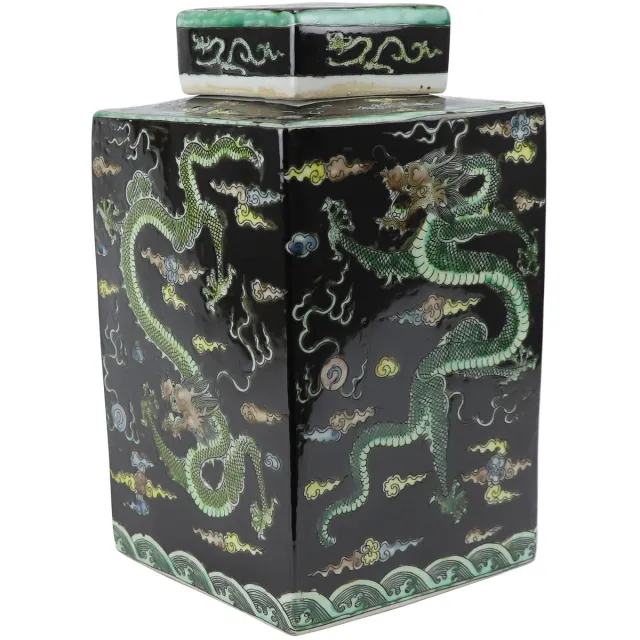 Fine Asianliving Chinese Gemberpot Zwart Draak Handgeschilderd B18xD18xH30cm