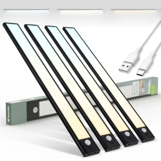 Brendz LED Kastverlichting met Bewegingssensor, USB-C Oplaadbare Led-Strip, 3 Kleurtemperaturen, Dimbaar, Draadloos, Magnetische Verlichting voor Kasten, Gangen, Slaapkamers, 4 x 40cm, Zwart Zwart - 40 cm
