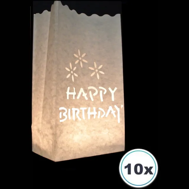 Volanterna 10 Candle Bags Happy Birthday – Papieren Lichtzakken – Windlichten – Kaarsenhouders – Veilig & Brandvertragend – Herbruikbaar – Geschikt voor Binnen en Buiten - Candlebag wit