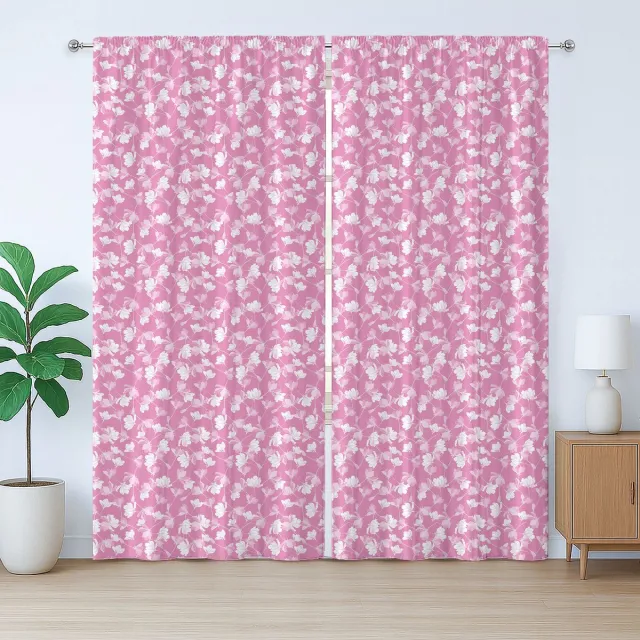 ABAKUHAUS Roze en witte rustieke gordijnen, appelbloesems, slaapkamergordijn met lussen en haken, 280 x 175 cm, roze en wit