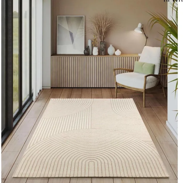RFWR Modern kortpolig hoog-laag tapijt voor woonkamer en slaapkamer, 80 x 150 cm, Beige