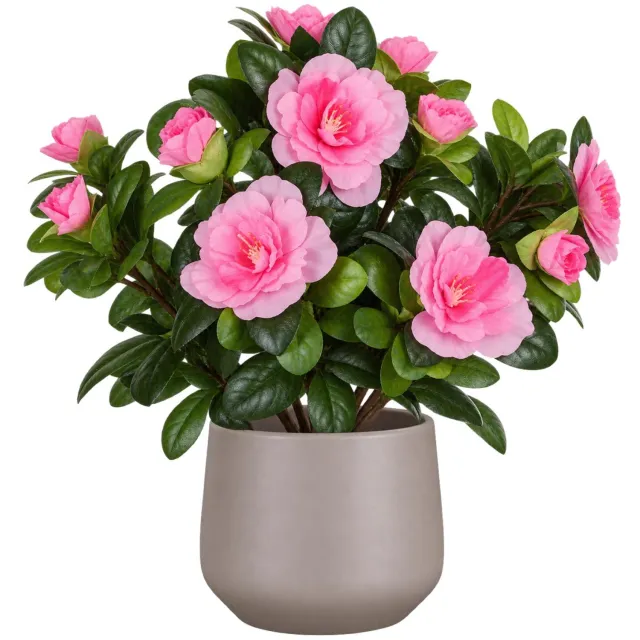 Mica Decorations Kunstplant - Azalea roze - H27 cm - in beige bloempot - keramiek - complete set van pot en plant - decoratie stuk