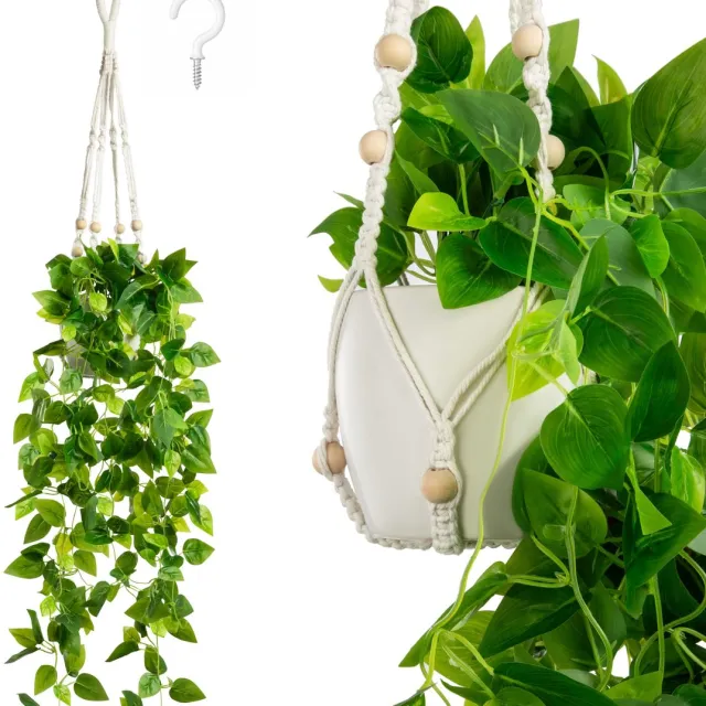 Unyqoos Decoratieve kunstklimop in keramische pot met handgemaakte macraméhanger groen