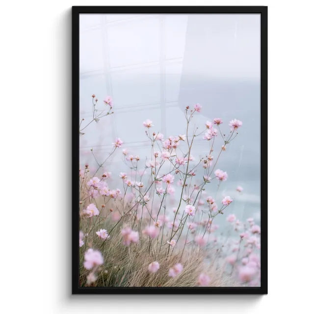 FrameYourWall Poster in lijst - Fotolijst 60x90 cm - Posters - Klif - Bloemen - Zee - Roze - Posterlijst zwart - Decoratie - Wanddecoratie woonkamer - Muurdecoratie slaapkamer