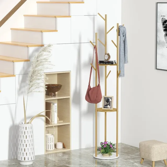 Eleganza Maison® Gouden Metalen Kapstok - 9 Haken - 3 Opslag Planken - Marmeren afwerking - Kapstokken - Staand - Staande Kapstok van Staal - 31.7 x 172.5cm (LxH)