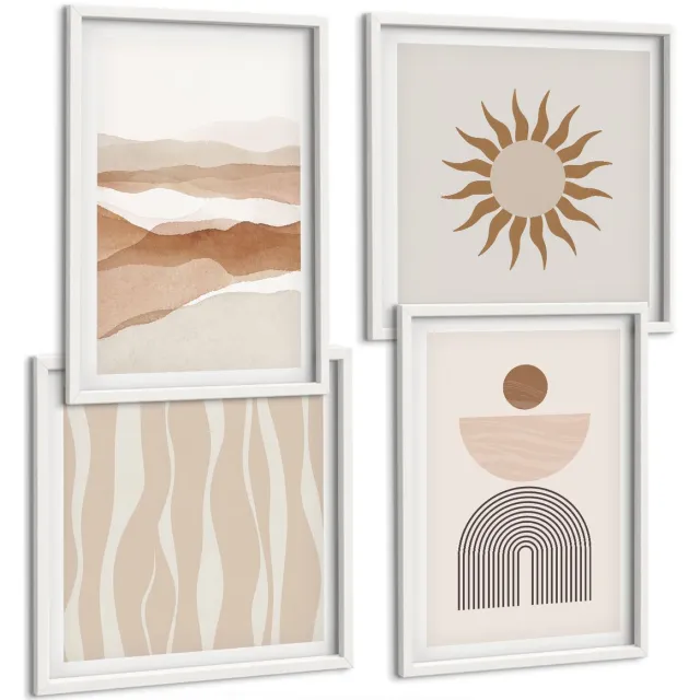 TULUP 4-Delige Schilderij Set - Abstracte landschapsvormen uit de natuur en geometrie - 40x40 en 40x60 - Muurdecoratie - Wanddecoratie - Hal - Stijlvolle Muurdecoratie Witte lijst
