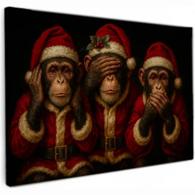 online schilderij Canvas Schilderij Drie kerst apen - zie hoor spreek no evil - 90x60 cm - Christmas - woonkamer - dieren rood