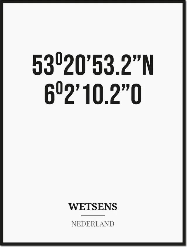 Studio216 Poster/kaart WETSENS met coördinaten zwart, wit