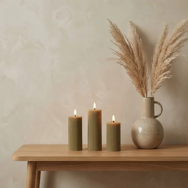 OMNIEXA LED Kaarsen met Afstandsbediening en Timer - Set van 3 Stompkaarsen Echte Was - Taupe Grijs