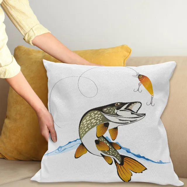 ABAKUHAUS Fishing Sierkussenhoes, Pike Out van Water Splash to Catch de Trap Lure Tackling Maritiem Leven Illustratie, Decoratieve Vierkante Sierkussenhoes, 50 x 50 cm, Licht Oranje