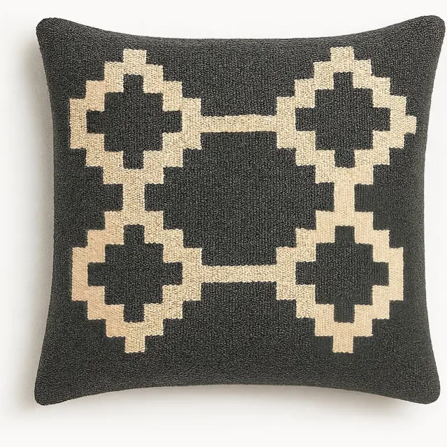 Kelima Handgemaakte Egyptische Wollen Kussenhoes 40×40 cm – “Senon” Diamantpatroon – Grijs & Crème – Met Rits – Exclusief Binnenkussen