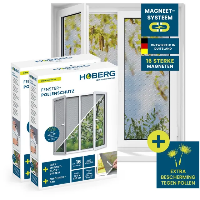 Hoberg Stuifmeelbescherming voor venster met magneetsluiting | Vliegennet kan individueel op maat worden gesneden tot 150 x 130cm, zonder boren of schroeven | Bevestiging met 16 magneten, grijs, 2 stuks grijs - pollenhor