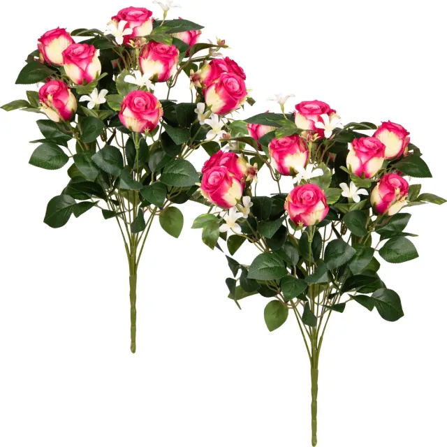 Louis Maes Kunstbloemen boeket rozen/bloesem met bladgroen - 2x - cerise - H49 cm - Bloemstuk