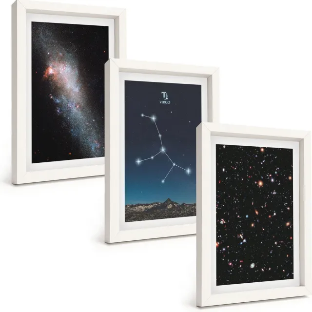 TULUP 3-Delige Schilderij Set - Sterrenbeeld Maagd, Melkweg, Uitzicht op het Universum - 20x30 - Wanddecoratie - Schilderijen Set - Kantoor - Interieur Decoratie Witte lijst