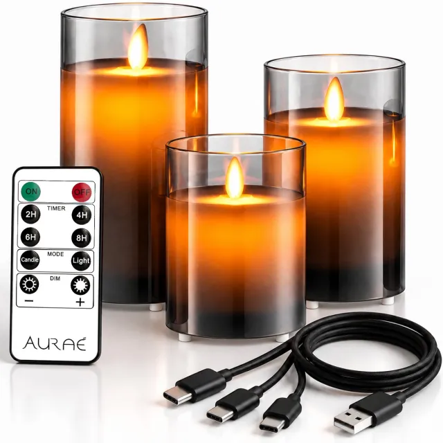 Aurae Oplaadbare Led Kaarsen met Bewegende Vlam - 3x - Echte Wax - 35+ Branduren - Afstandsbediening - Flikkerende Vlam - Oplaadbaar - Timer - Kerst Kaarsen grijs • bewegende vlam • oplaadbaar