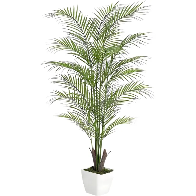 Happiq Kunstmatige Areca Palm - Voor Thuiskantoor & Kamer - Nep Tropische Potplant Decor - Groen met Witte Plantenbak - Groen-150cm