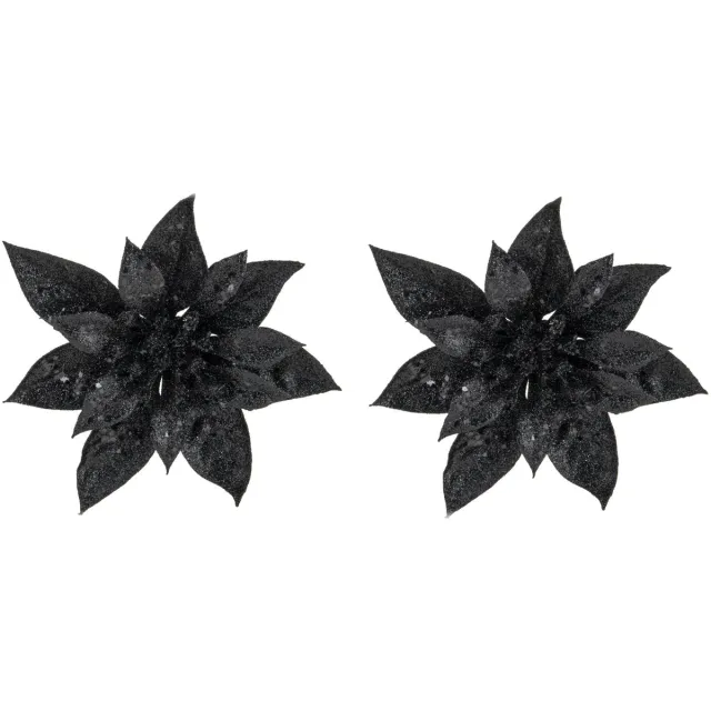 Cosy&Trendy Cosy & Trendy Decoratie bloem - 2x stuks - kerstster - op clip - zwart - glitter -15 cm - kunststof - kerstversiering