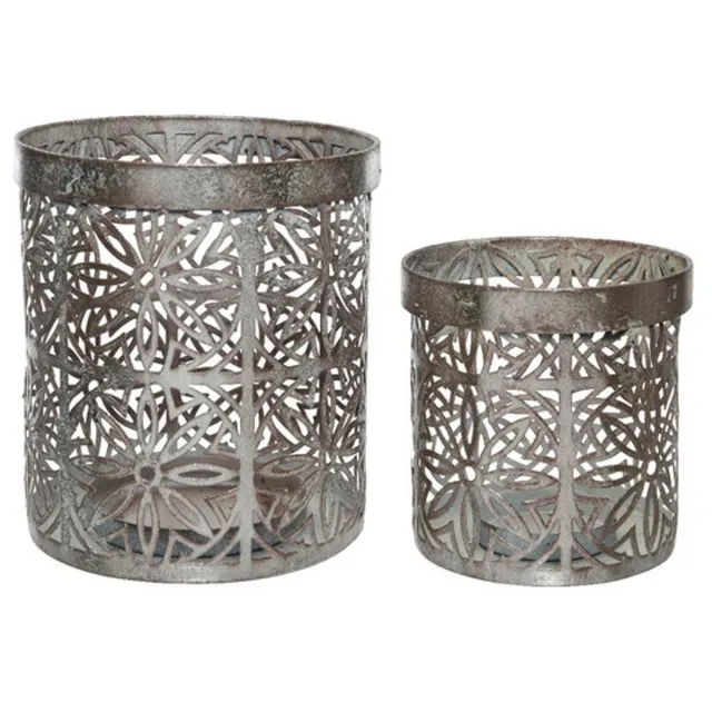 Decoris Waxinelicht houders set - 2x - metaal - grijs - bloemenpatroon - Windlichtjes - kaarsenhouders Zilver