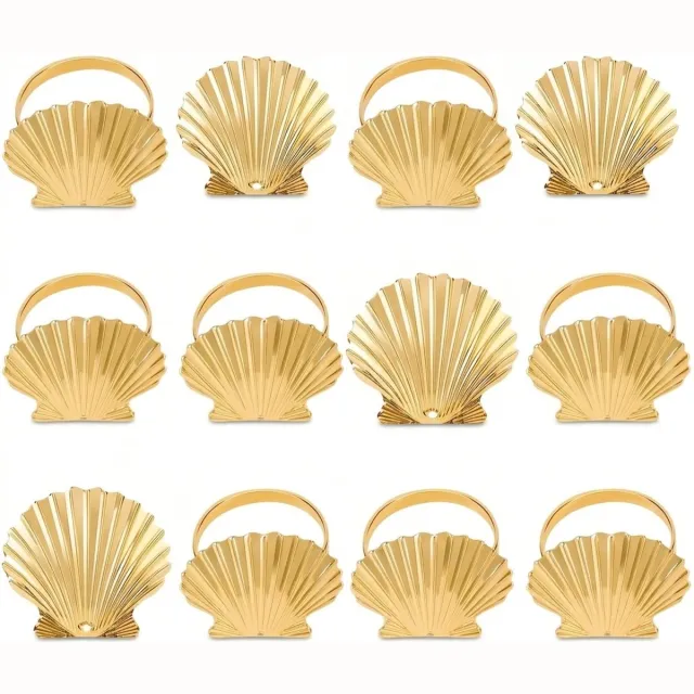 NUVEX Goudkleurige servetringen set van 12 – metalen servethouder ringen met schelp ontwerp – decoratieve servet ringen met reliëf en oceaan thema – tafeldecoratie voor diner bruiloft feest restaurant en banket