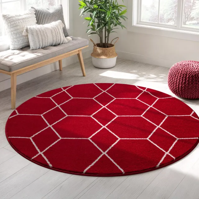 Muratap Trellis Uni Rond Laagpolig Vloerkleed Rood- 150 CM Ø