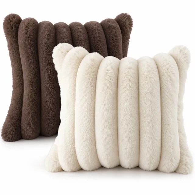 Namajunas Sierkussenhoezen Set van 2 – 40x40 cm – Superzachte Kussenhoezen met Ribstructuur – Beige en Koffiebruin – Zonder Binnenkussens
