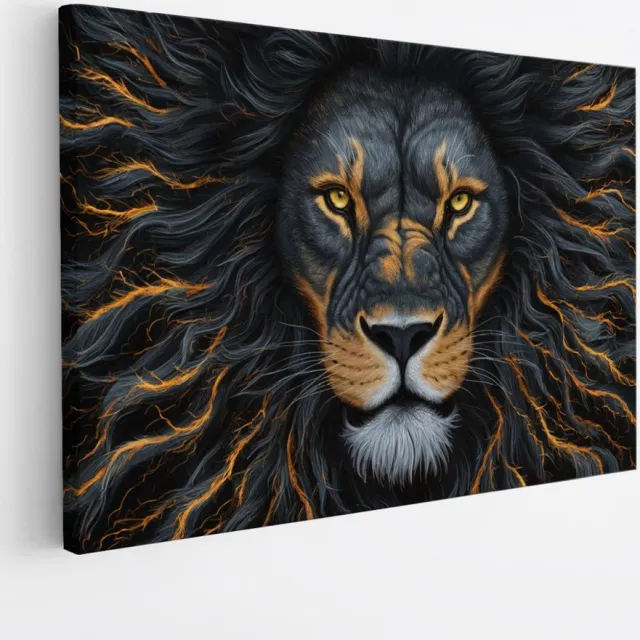 Saammp Canvas Schilderij - Abstracte Leeuw - Goud - zwart - Dieren - Natuur - 100x75 - Foto op canvas - Wanddecoratie - Muurdecoratie Woonkamer - Slaapkamer decoratie - Canvas Print Multicolor