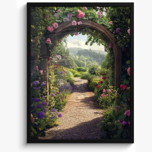 FrameYourWall Poster in lijst - Fotolijst 50x70 cm - Posters - Doorkijk - Landschap - Bloemen - Rozenboog - Natuur - Posterlijst zwart - Decoratie - Wanddecoratie woonkamer - Muurdecoratie slaapkamer Tuinboog - Rozen