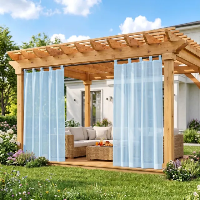 MUPOO Mediterraans Waterafstotende Buitengordijnen met Klittenband - velcro Outdoor voile Gordijnen - Vitrages voor voor Terras, Veranda & Pergola -zonder boren - Lichtdoorlatend & Privacy - Luchtig - 132x213cm - blauw - 1 stuck Hemelsblauw-1 stuk