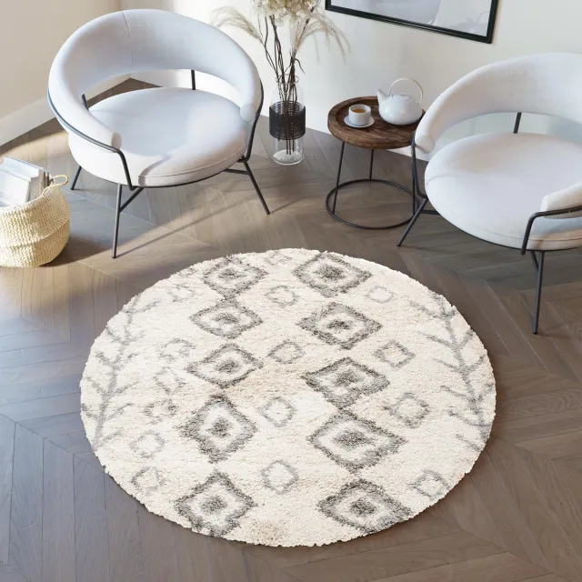 Tapiso Boho Vloerkleed Rond Beige Shaggy Bohemian Scandinavisch Modern Slaapkamer Woonkamer Hal Creme Grijs1