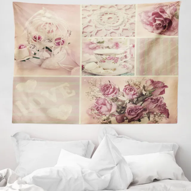 ABAKUHAUS Shabby Flora Wandtapijt, Vintage Moederdagthema met Kanten Kooitjes en Bloemen, 150 x 110 cm, Lichtroze Wit