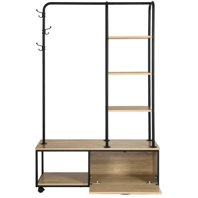 Sello! kapstok met schoenenrek – garderoberek – kastje – legplanken – haken – wieltjes – metalen frame – 110 x 160 x 37.5 cm zwart