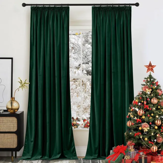 Ibenzoa Luxueuze Fluwelen Gordijnen voor Elegante Woonkamer Ambiance, Set van 2, Donkergroen, 240 x 132 cm