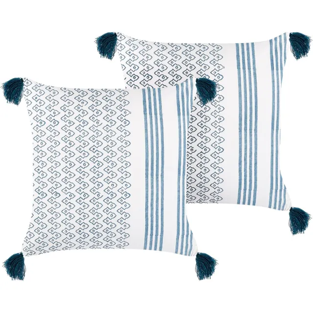 Beliani TILIA - Sierkussen set van 2 - Donkerblauw - 45 x 45 cm - Katoen Wit